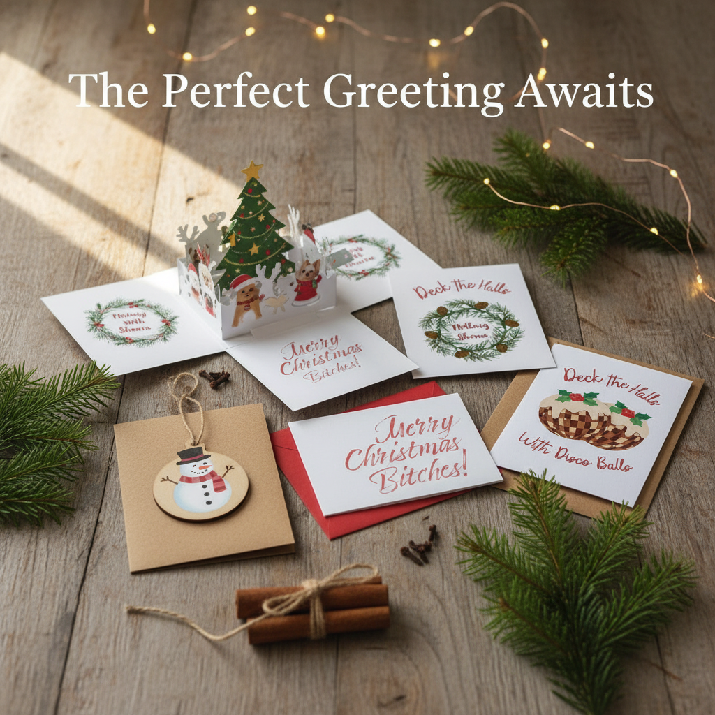 Christmas Cards laid out on a wooden table with some festival greenery and lights