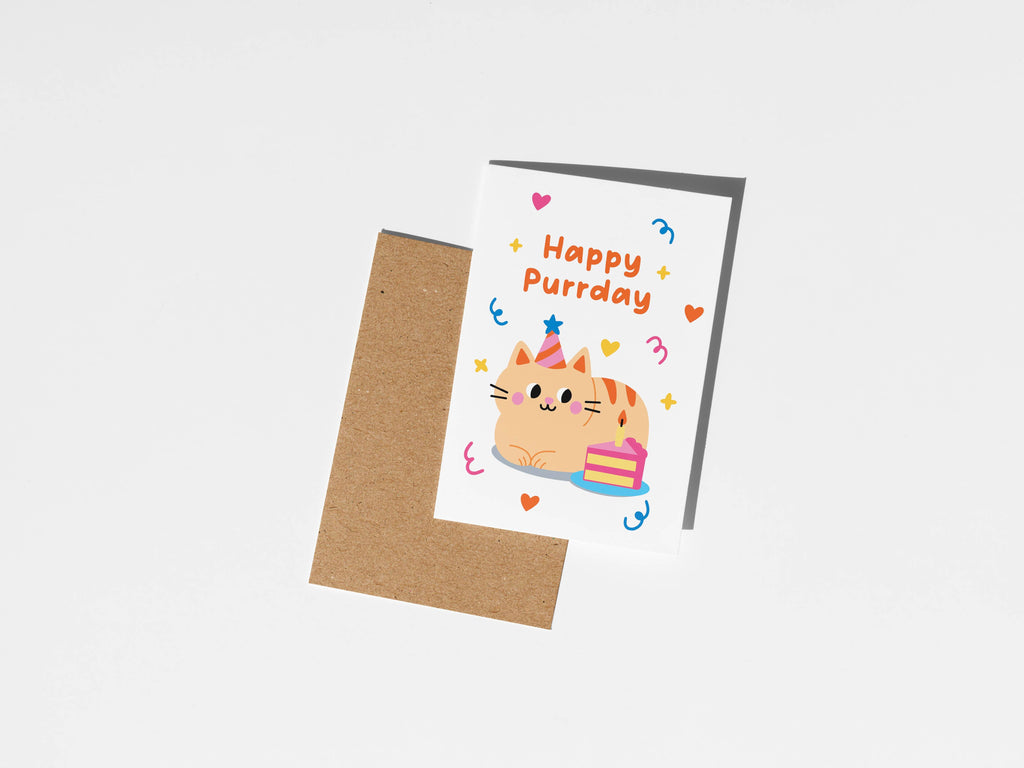 Happy Purrday Card, Cute Cat Birthday Card with Cake Illustr