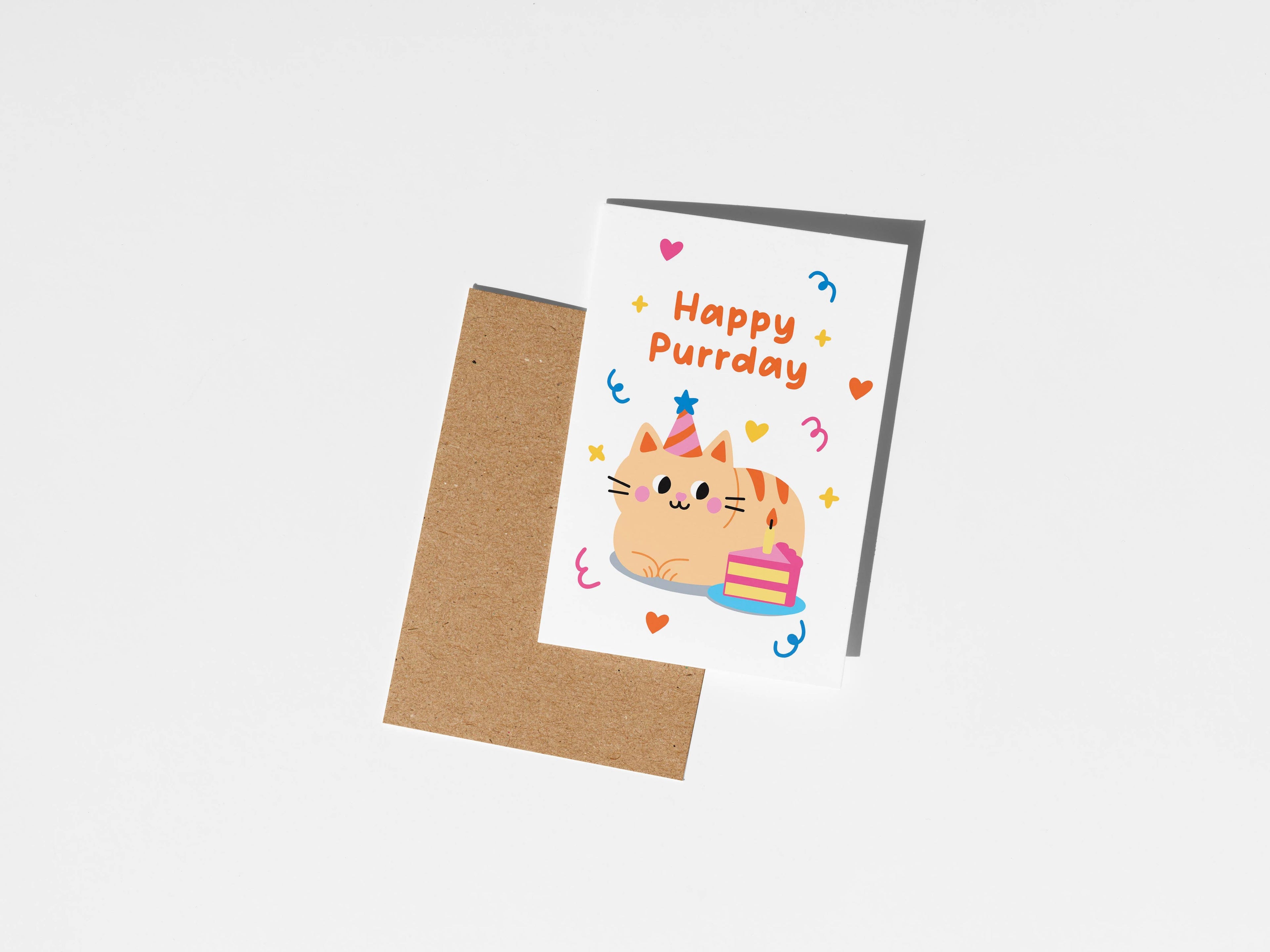 Happy Purrday Card, Cute Cat Birthday Card with Cake Illustr