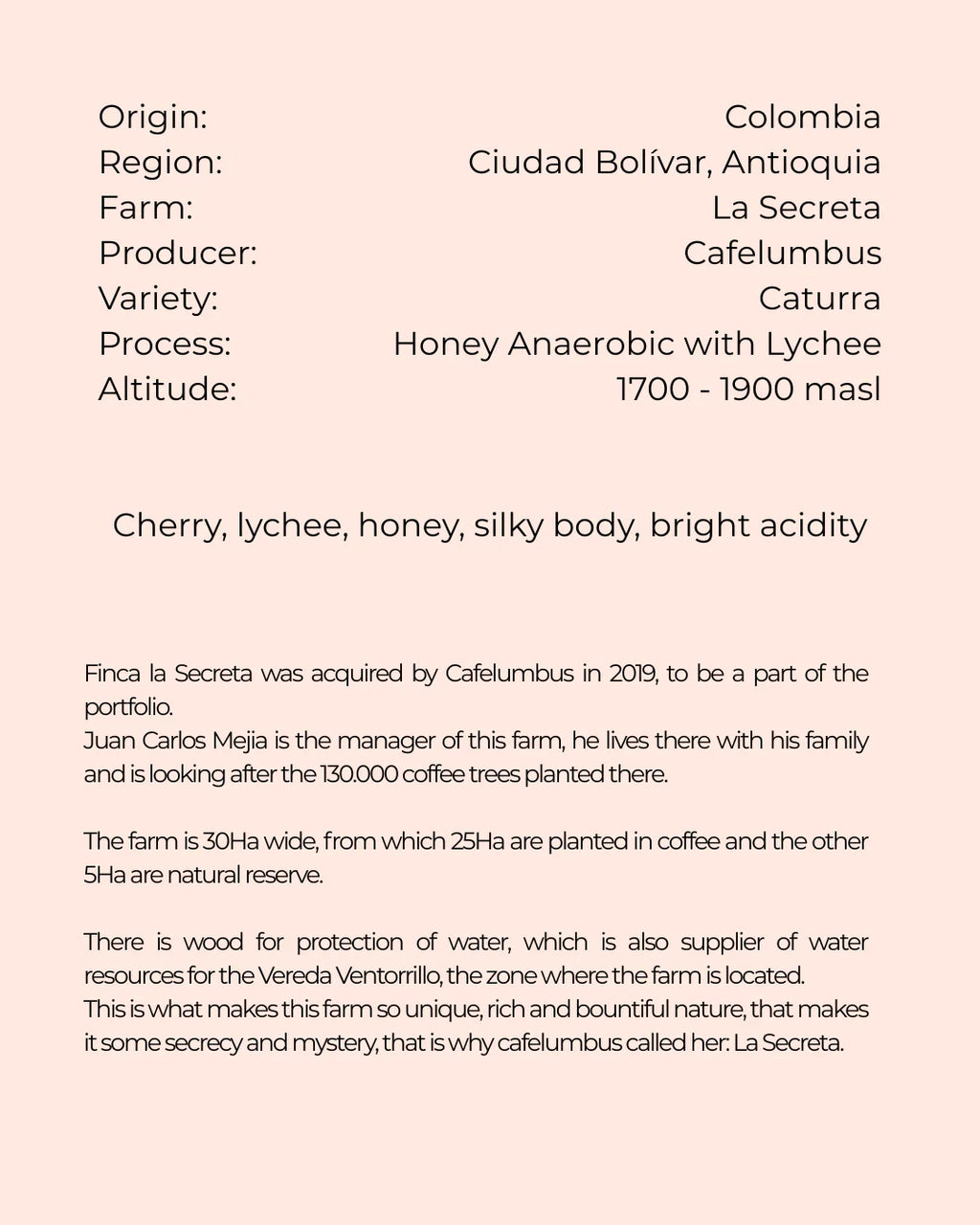 La Secreta | Colombia | Filter | Blind Monkey Coffee (250g Wholebean Coffee)