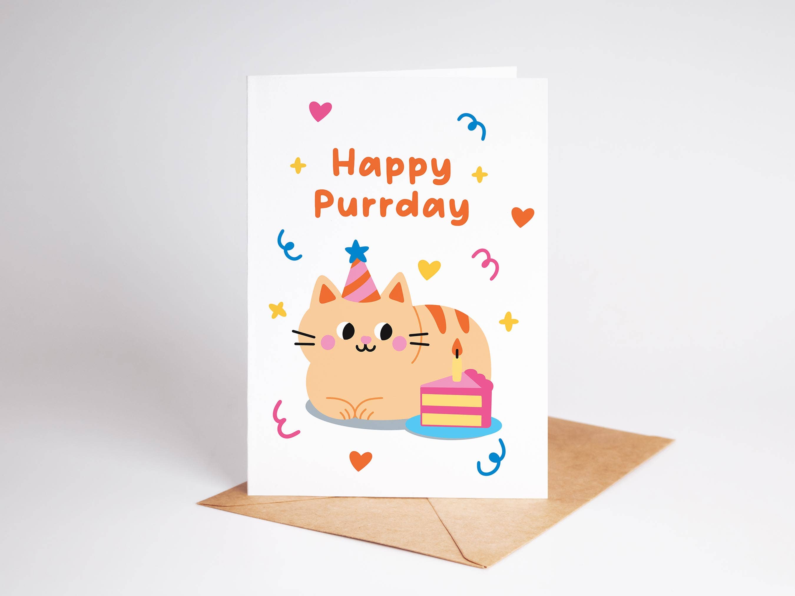 Happy Purrday Card, Cute Cat Birthday Card with Cake Illustr