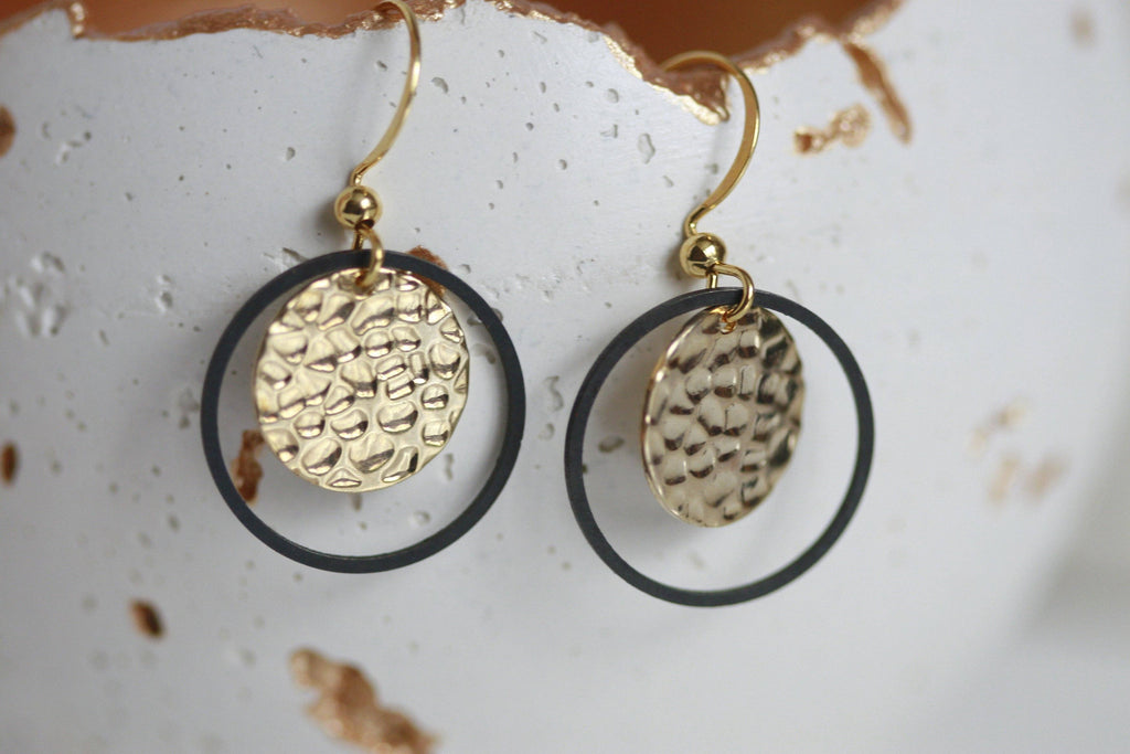 Textured Gold Disc & Black Circle Earrings | Monad