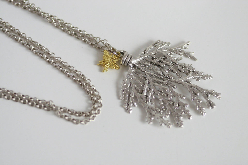 Cypress Branch & Bee Necklace | Silver | Kaiko Studio