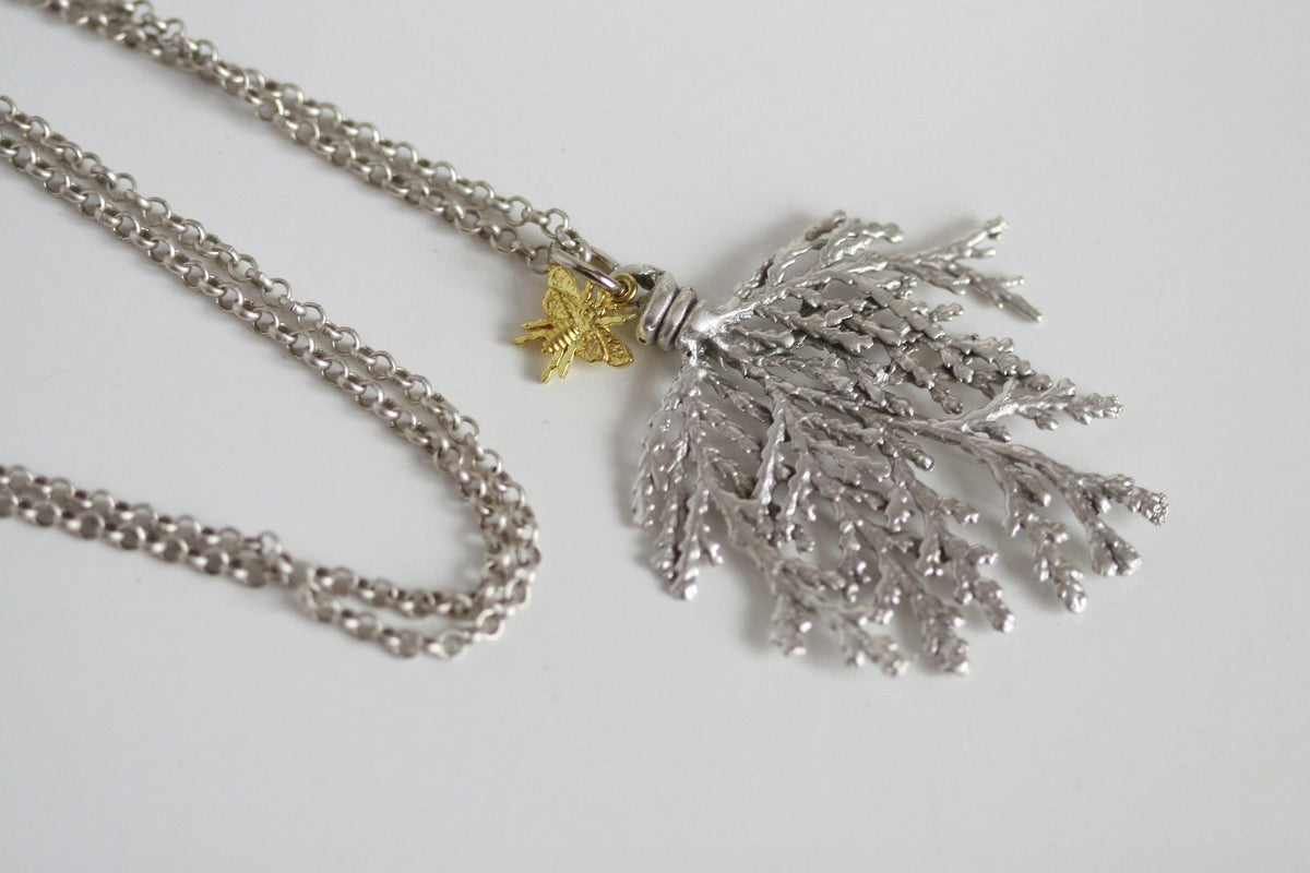 Cypress Branch & Bee Necklace | Silver | Kaiko Studio