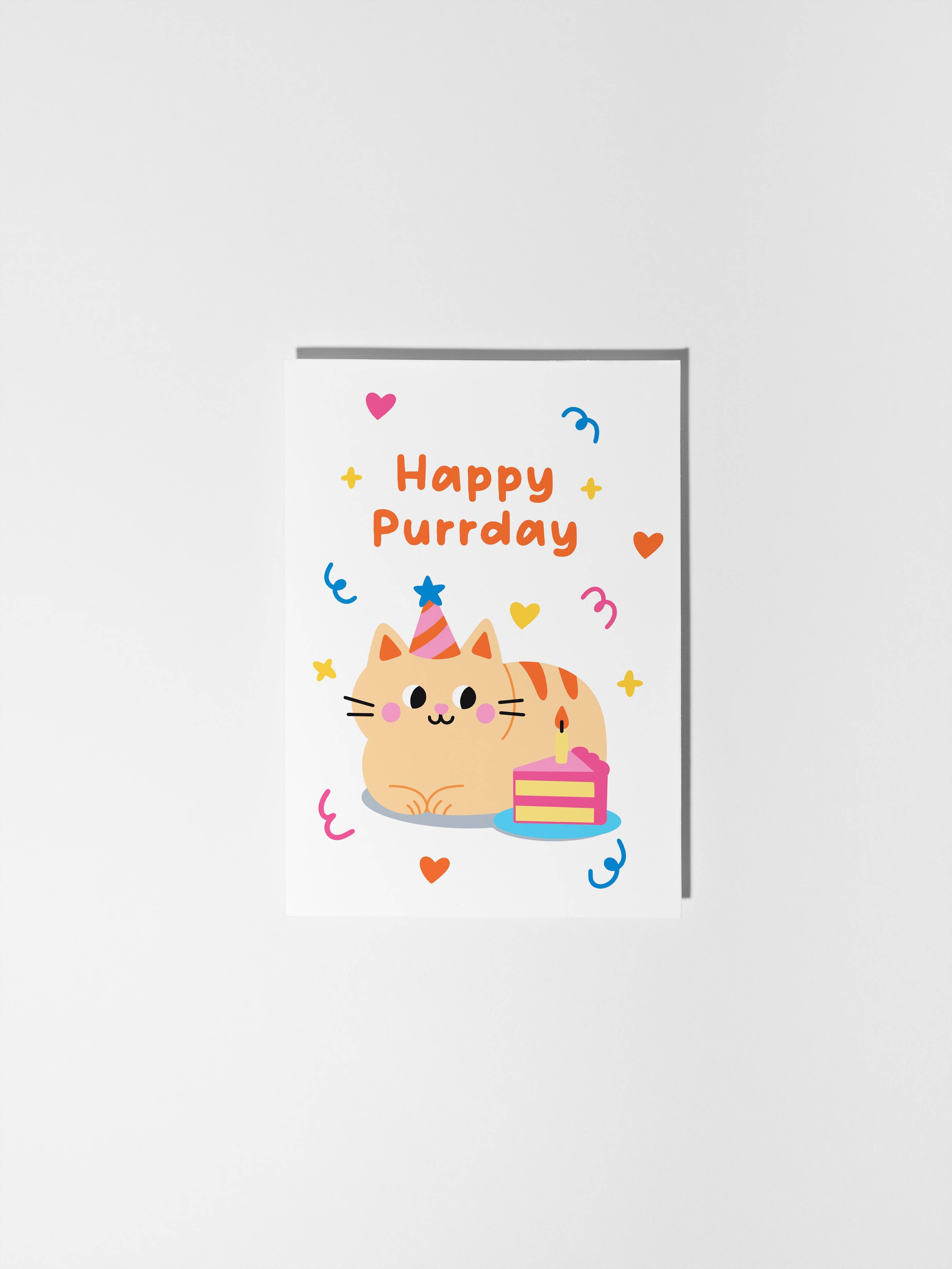 Happy Purrday Card, Cute Cat Birthday Card with Cake Illustr