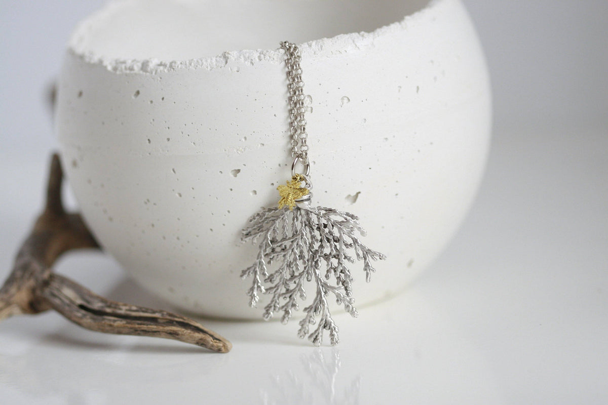 Cypress Branch & Bee Necklace | Silver | Kaiko Studio