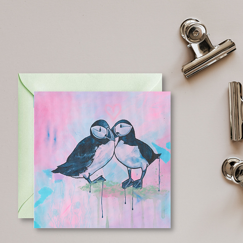 You are loved greetings card - puffins