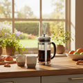 French press coffee maker with glass body and metal lid on a white background