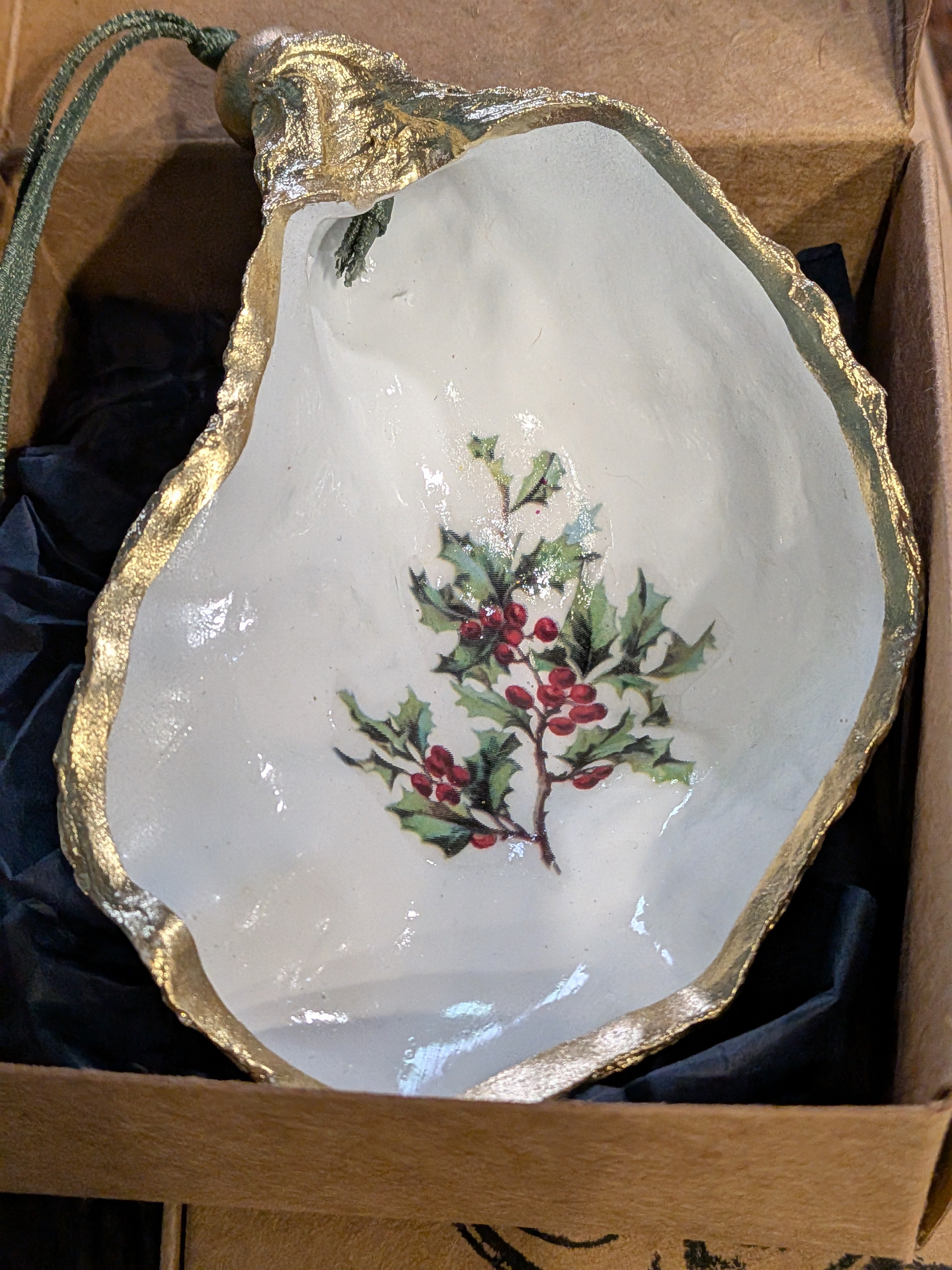Decorative dish with holly design in a box