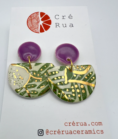 Cré Ór - Drop Earring Amethyst, 24 Carat Gold & Green Leafy Print
