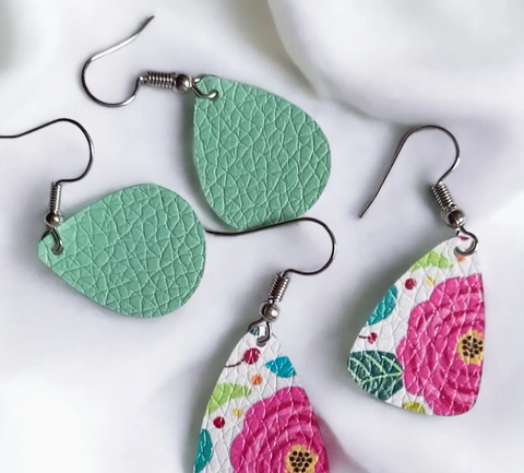 Plain and Floral Pattern Tiny Leather Earrings (Set of 2) Mint Green