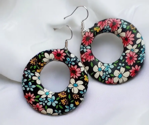 Floral Round Dangle Earrings Blossoming with Style - Black Multicolour