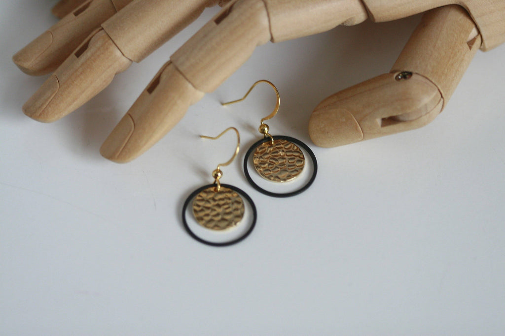 Textured Gold Disc & Black Circle Earrings | Monad