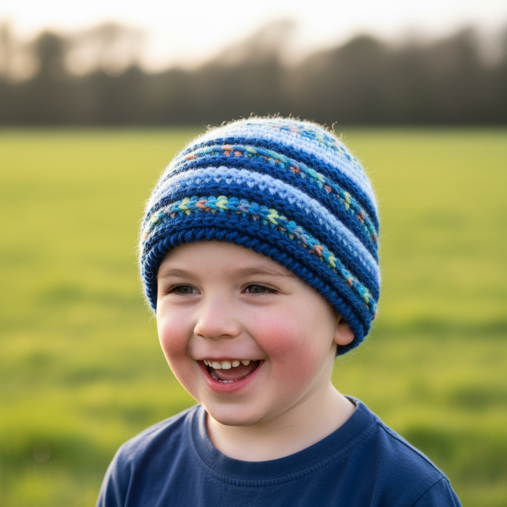 Child wearing blue colorful striped crochet hat