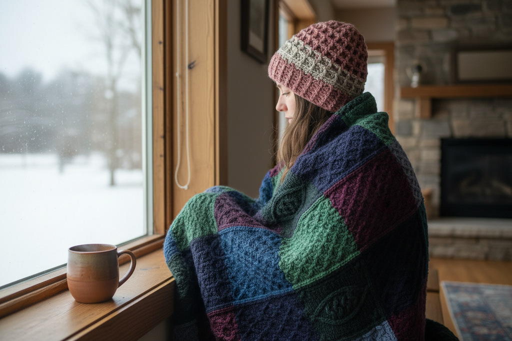 Person wearing hat wrapped in Aran blanket