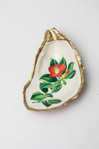 Red Flower Oyster Decoupage Shell